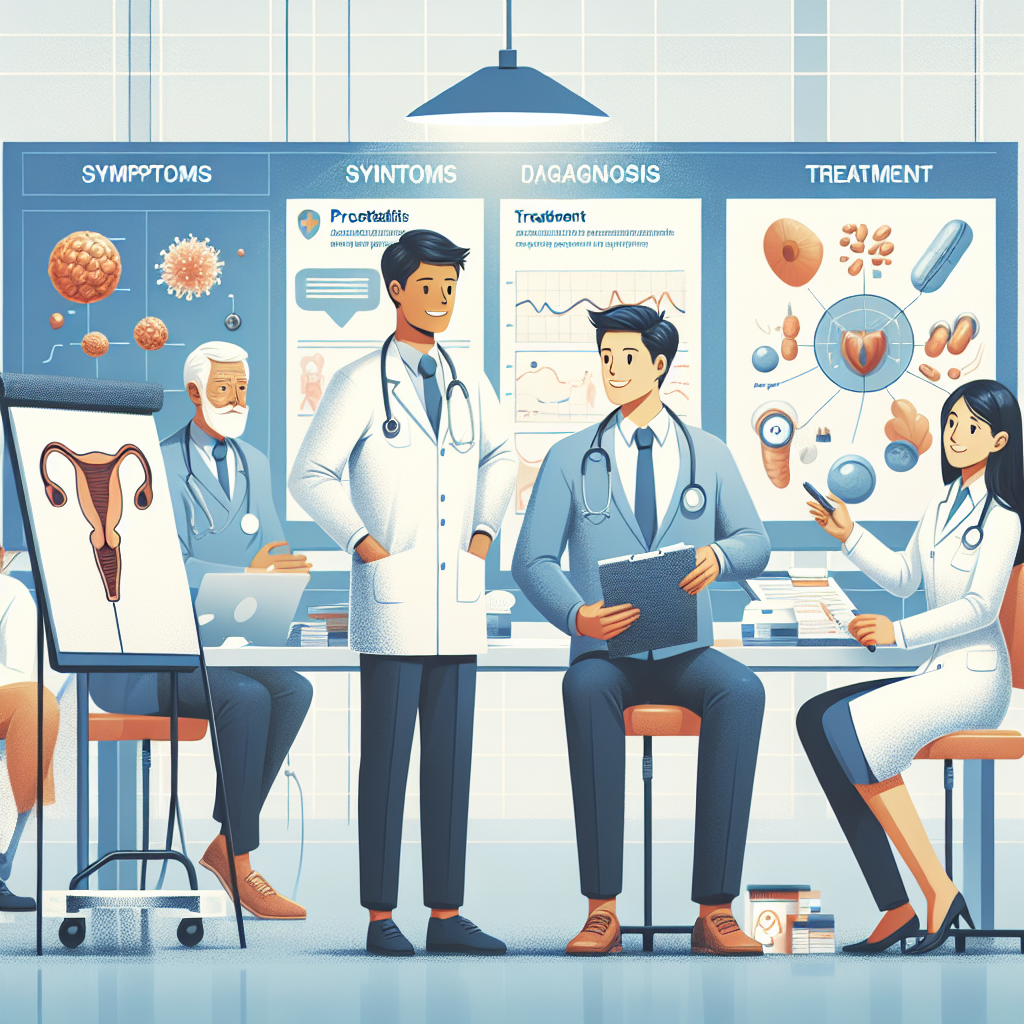 A graphic depicting the medical aspects of diagnosing and treating acute prostatitis.