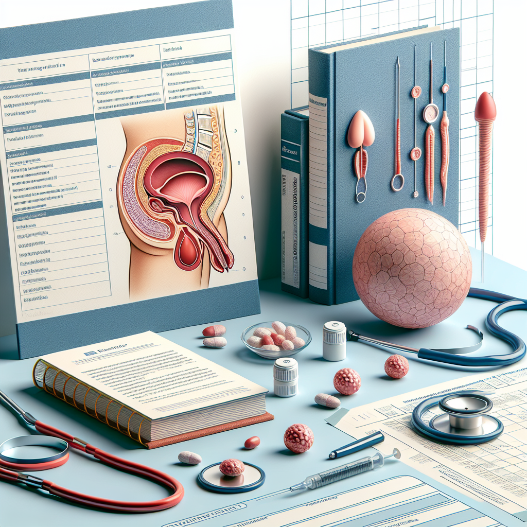 A diagram illustrating the male reproductive system with focus on the prostate gland, emphasizing symptoms such as blood in sperm.