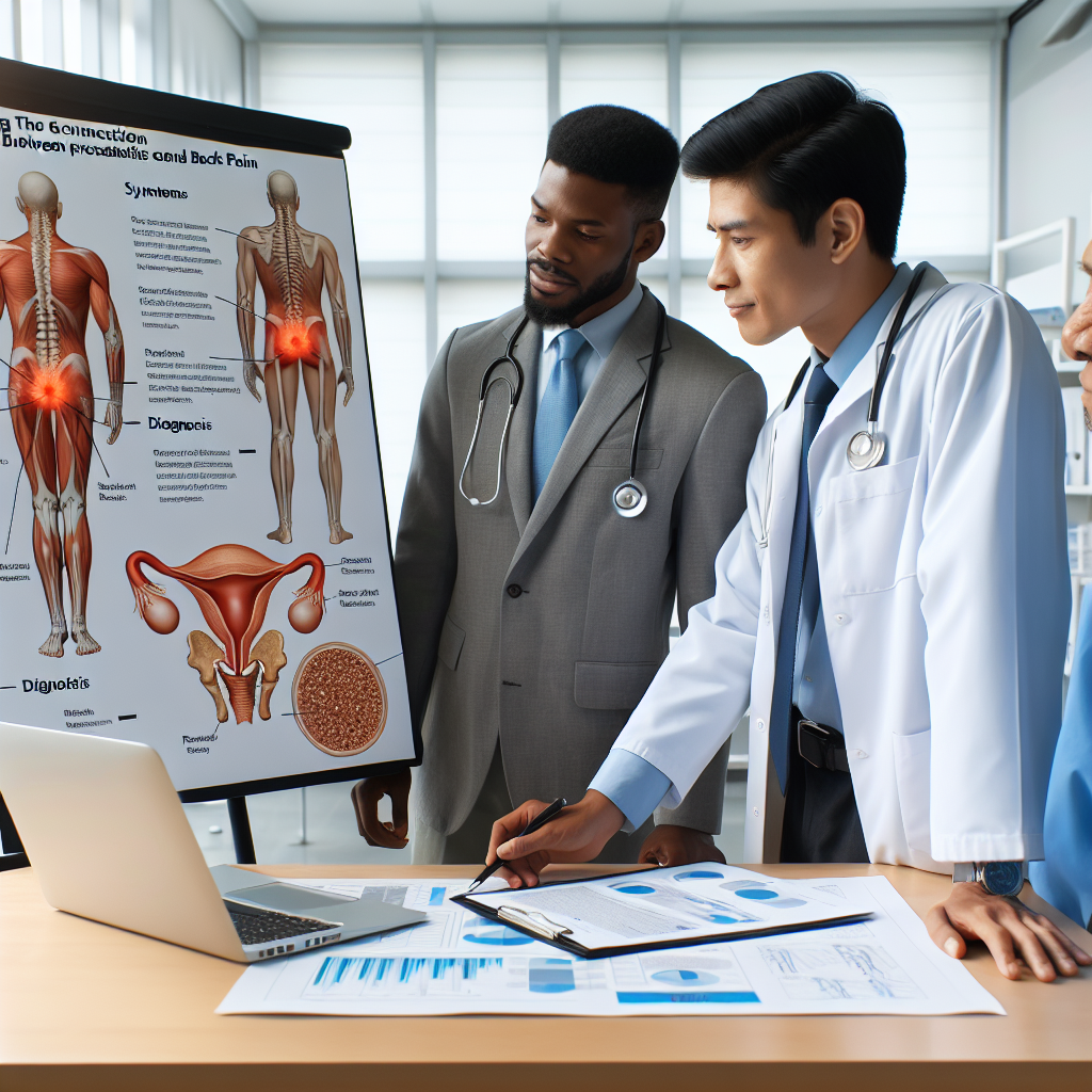 Visualization showing the connection between prostatitis and back pain, including symptoms, diagnosis, and treatment options.