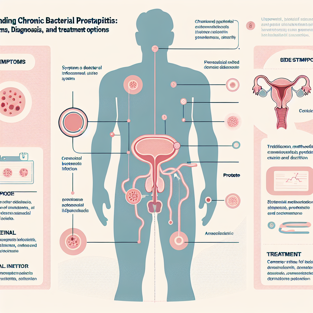 A medical infographic detailing chronic bacterial prostatitis symptoms, diagnostics, and treatments.