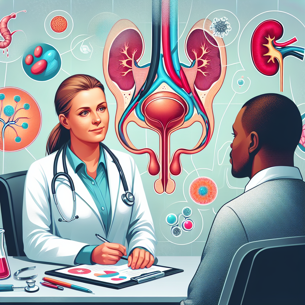 Diagram showing the urinary system highlighting the prostate gland with symptoms of prostatitis like blood in urine.