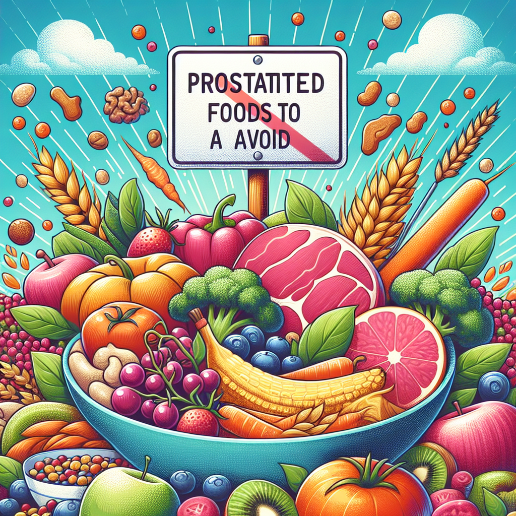 An assortment of foods shown on a table, divided into beneficial and harmful categories for managing prostatitis.