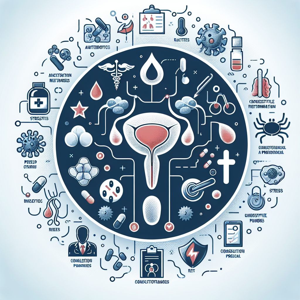 Illustration depicting various aspects of prostatitis including symptoms, types, and treatments.