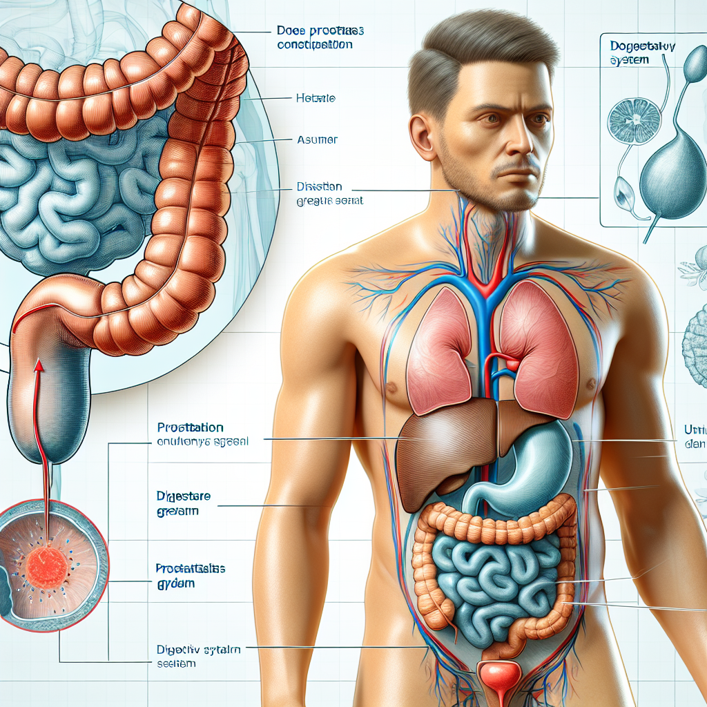 Medical illustration of the prostate gland with connections to the digestive system, detailing the potential link between prostatitis and constipation.