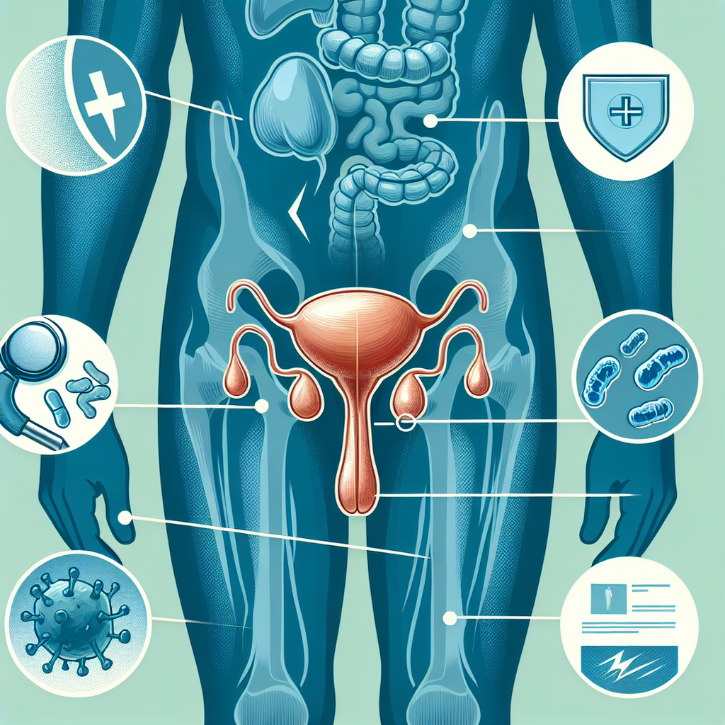 Depiction of symptoms, diagnosis, and management of bacterial prostatitis, including pain, treatment, and related conditions.