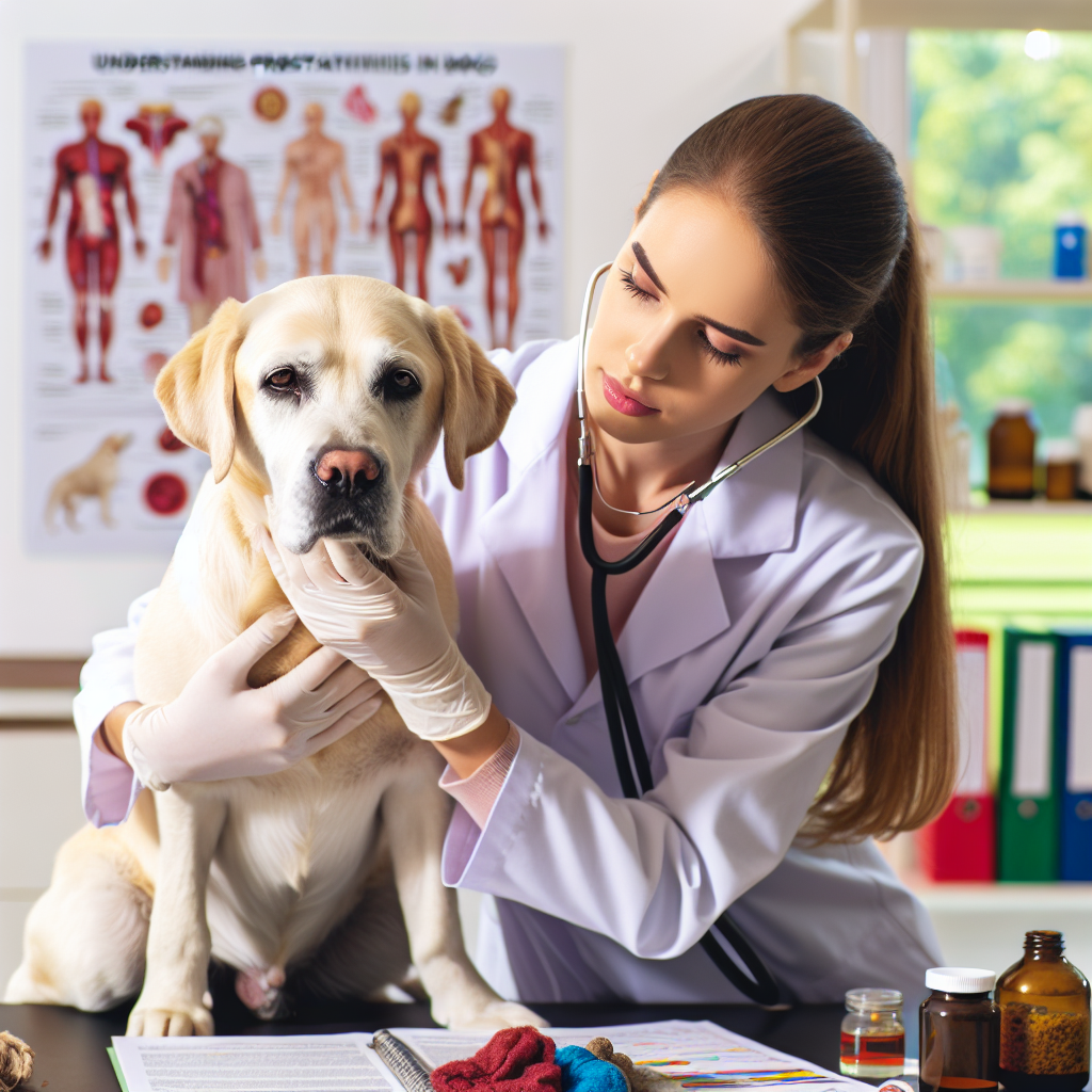 Veterinarian examining a dog for symptoms of prostatitis in a clinical setting.